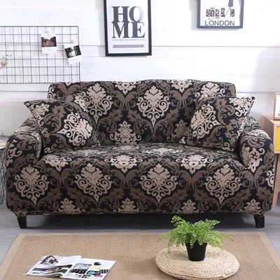 Printed geometric pattern stretch sofa slipcover fitted on a modern three-seater sofa.
