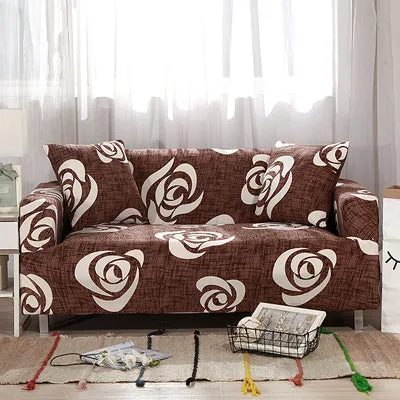 Printed geometric pattern stretch sofa slipcover fitted on a modern three-seater sofa.