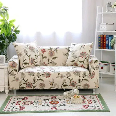Printed geometric pattern stretch sofa slipcover fitted on a modern three-seater sofa.