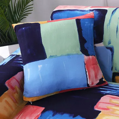 Printed geometric pattern stretch sofa slipcover fitted on a modern three-seater sofa.