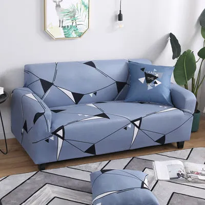 Printed geometric pattern stretch sofa slipcover fitted on a modern three-seater sofa.