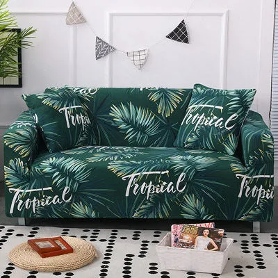 Printed geometric pattern stretch sofa slipcover fitted on a modern three-seater sofa.