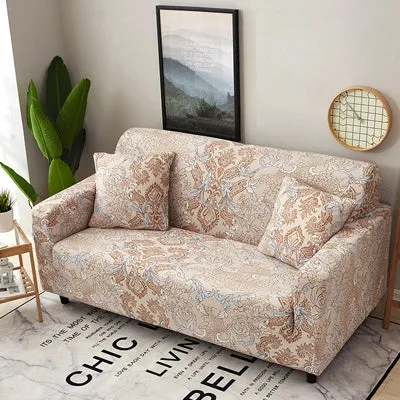 Printed geometric pattern stretch sofa slipcover fitted on a modern three-seater sofa.