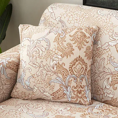 Printed geometric pattern stretch sofa slipcover fitted on a modern three-seater sofa.