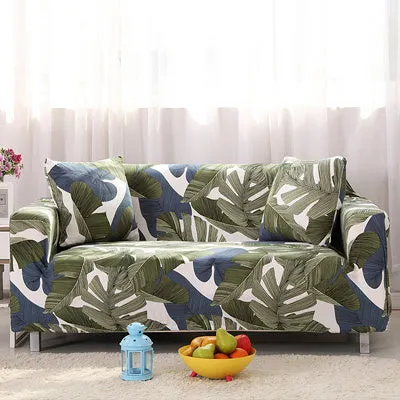 Printed geometric pattern stretch sofa slipcover fitted on a modern three-seater sofa.