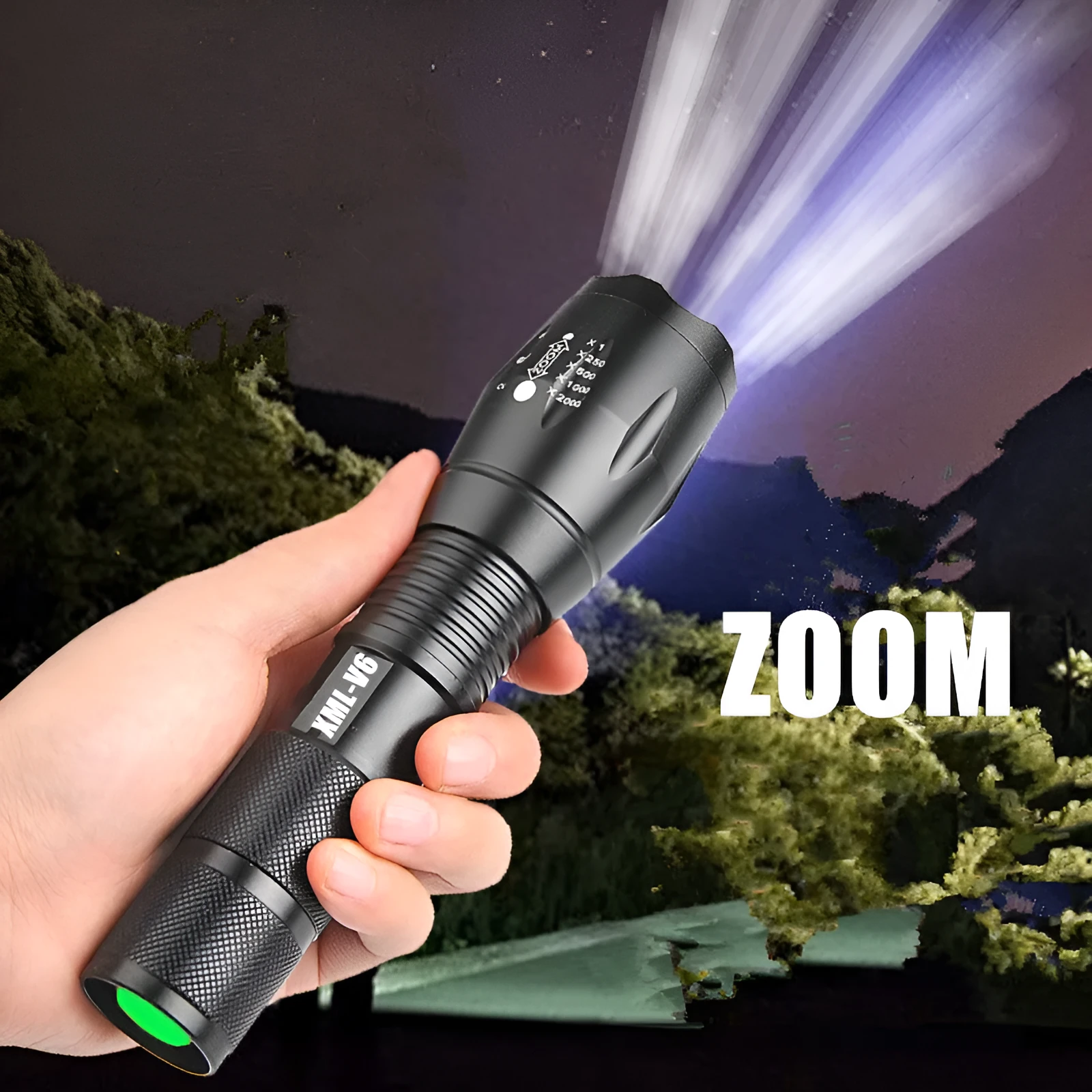 Portable mini LED zoom flashlight in black aluminium alloy body with adjustable focus 500m range