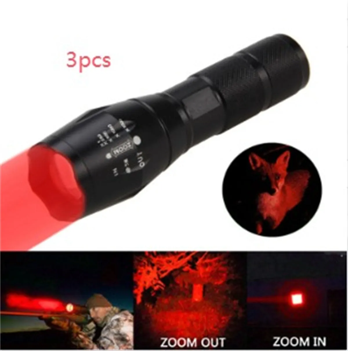 Portable mini LED zoom flashlight in black aluminium alloy body with adjustable focus 500m range