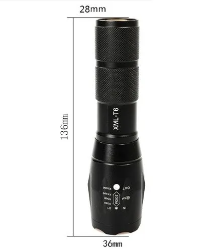 Portable mini LED zoom flashlight in black aluminium alloy body with adjustable focus 500m range