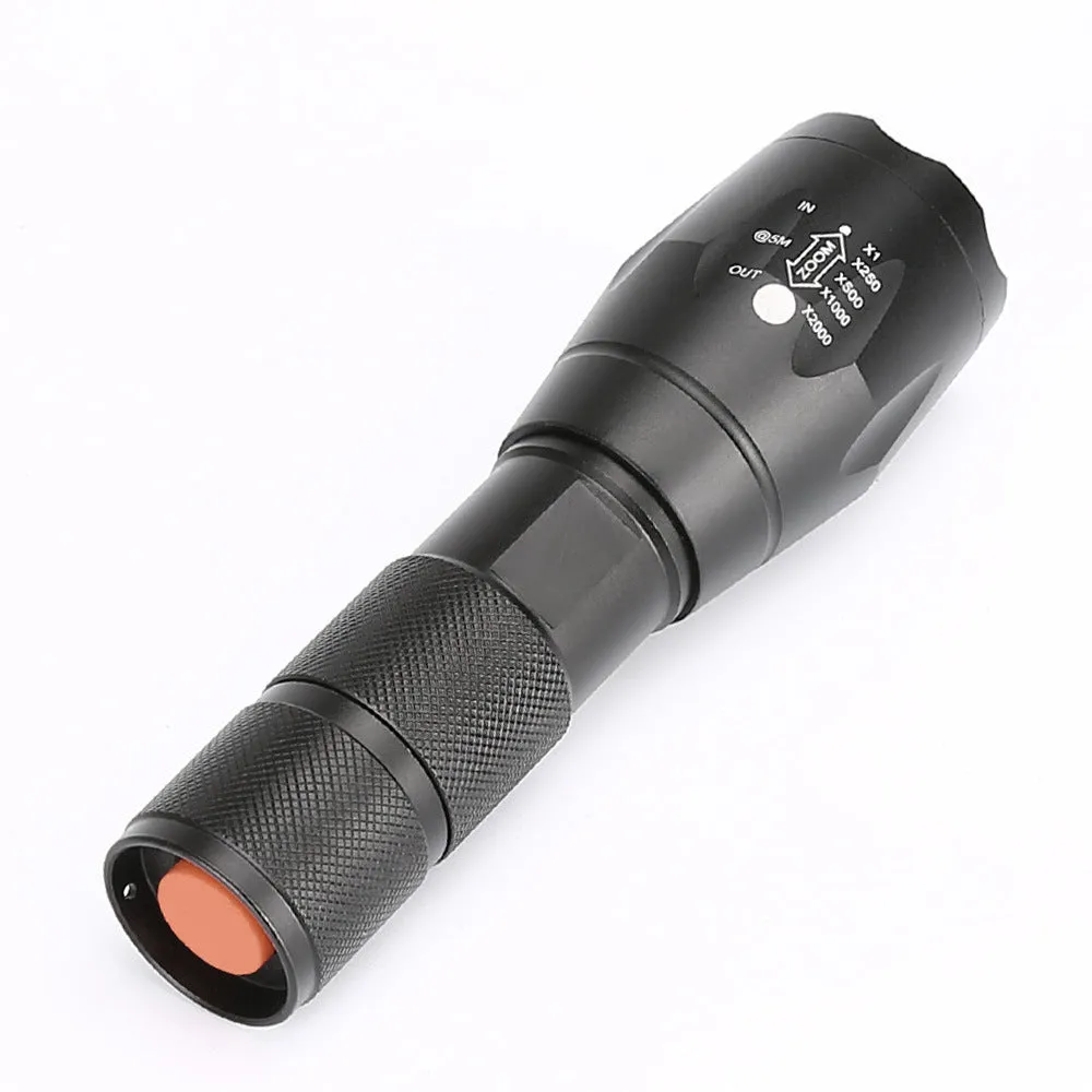 Portable mini LED zoom flashlight in black aluminium alloy body with adjustable focus 500m range
