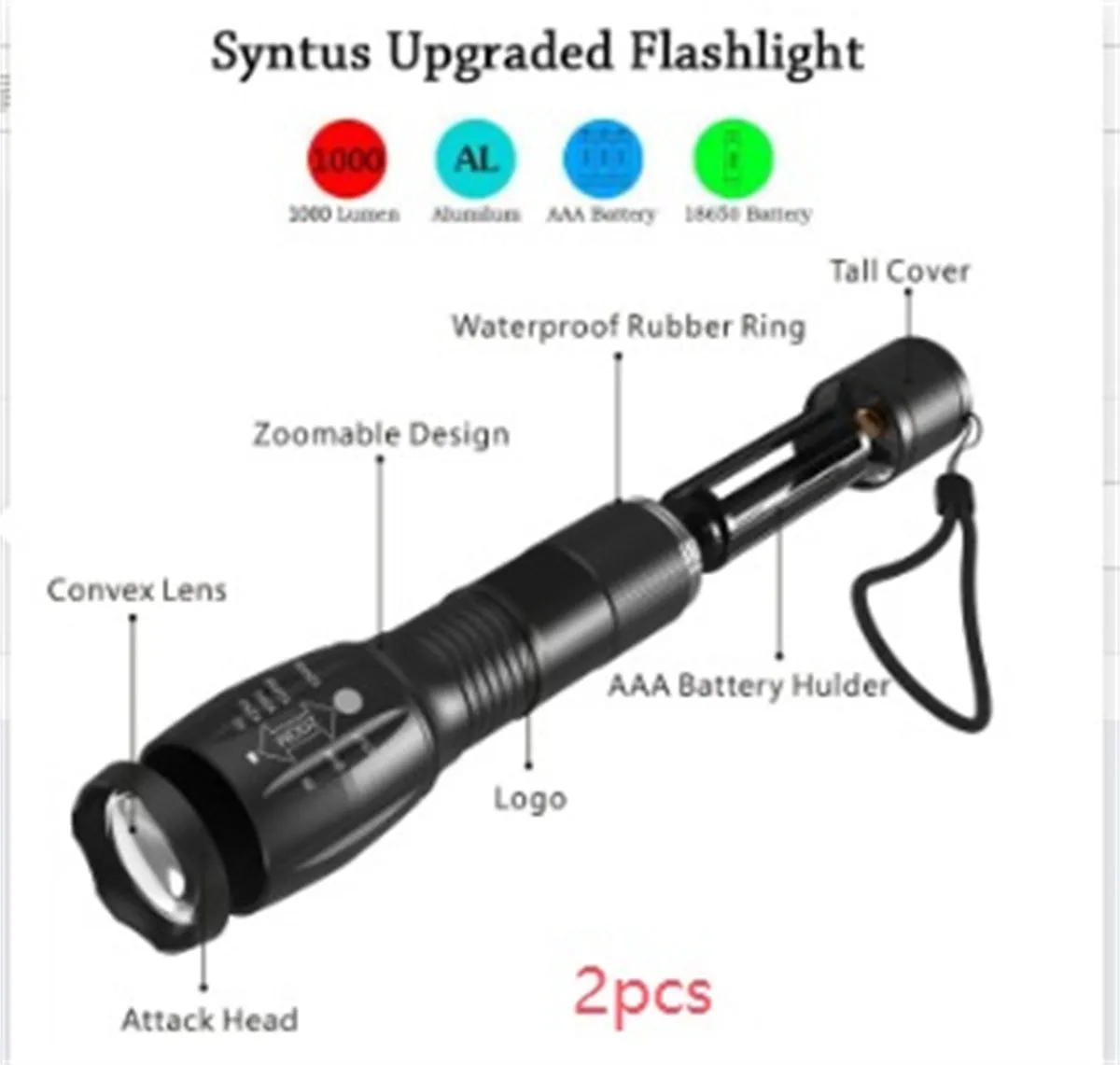 Portable mini LED zoom flashlight in black aluminium alloy body with adjustable focus 500m range