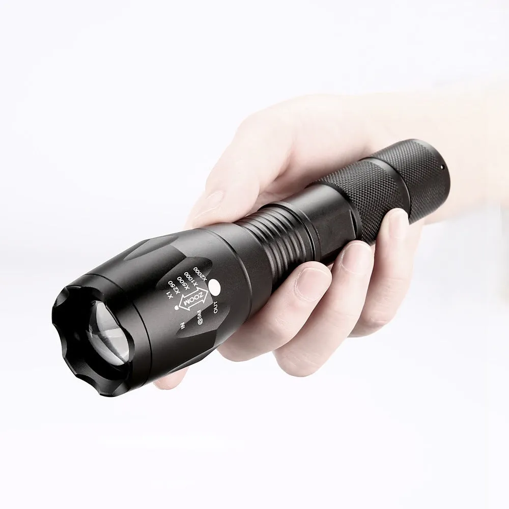 Portable mini LED zoom flashlight in black aluminium alloy body with adjustable focus 500m range