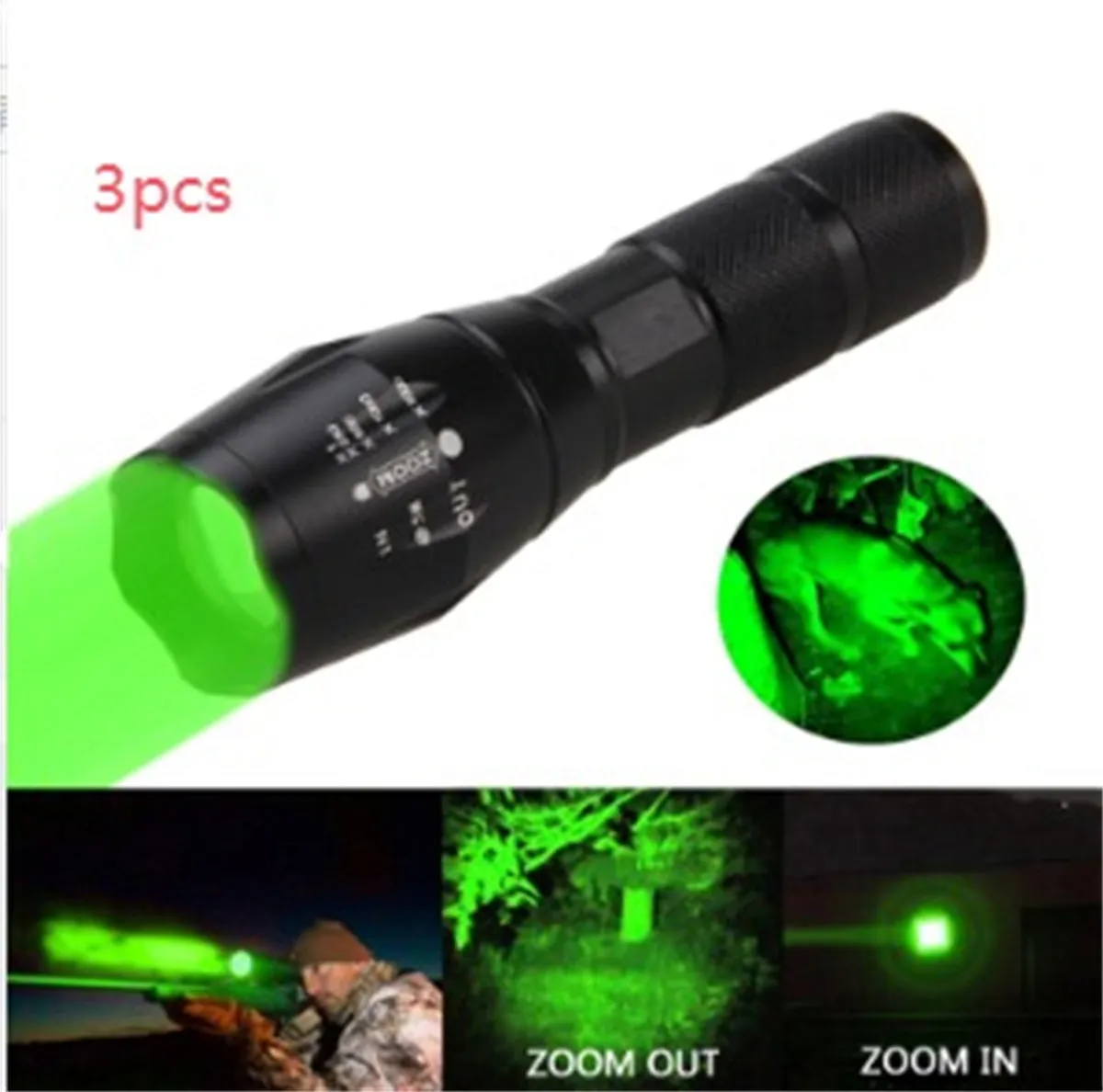 Portable mini LED zoom flashlight in black aluminium alloy body with adjustable focus 500m range