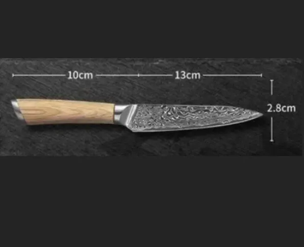 V gold Damascus kitchen knife set with 67-layer steel construction showing distinctive patterning on multiple blade sizes