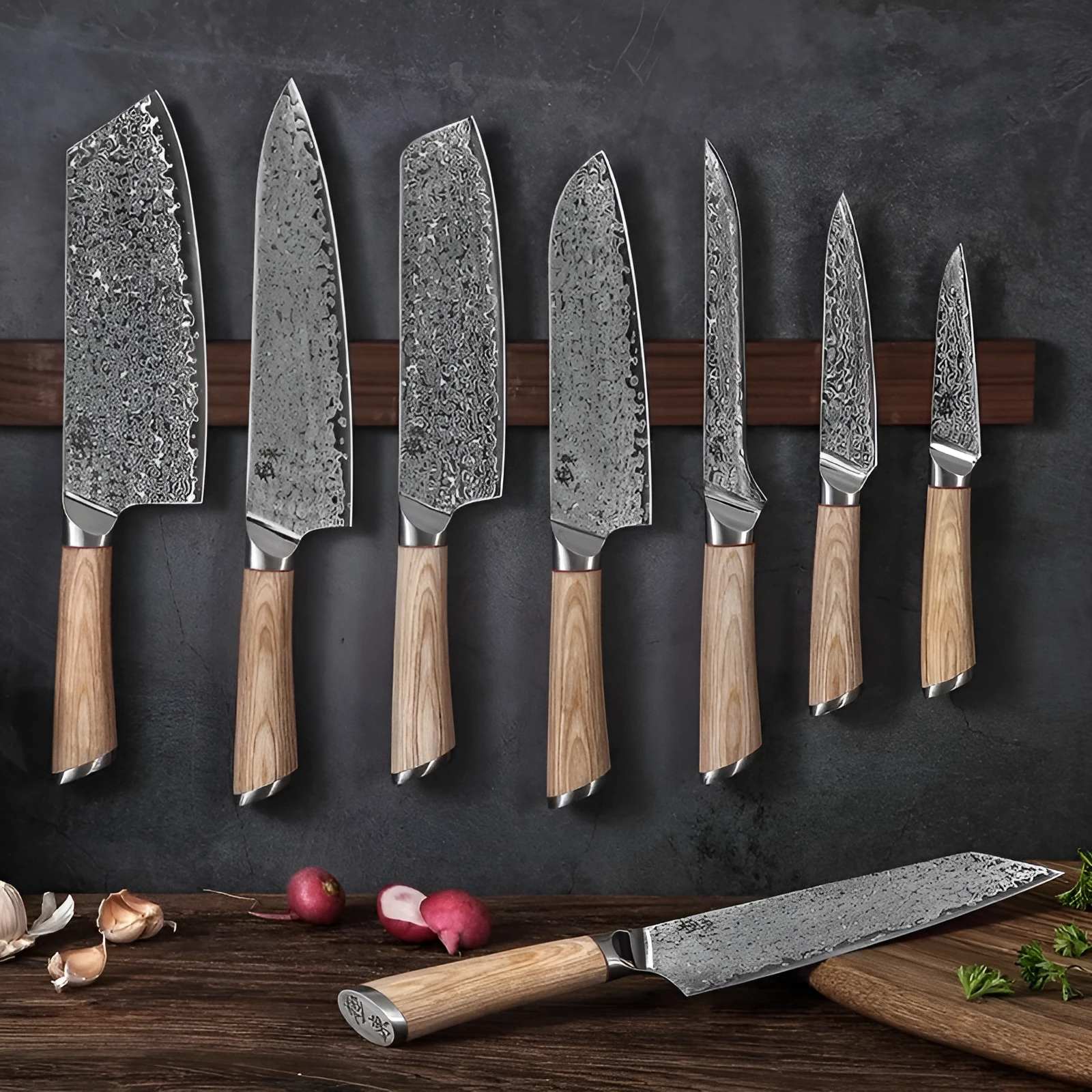 V gold Damascus kitchen knife set with 67-layer steel construction showing distinctive patterning on multiple blade sizes