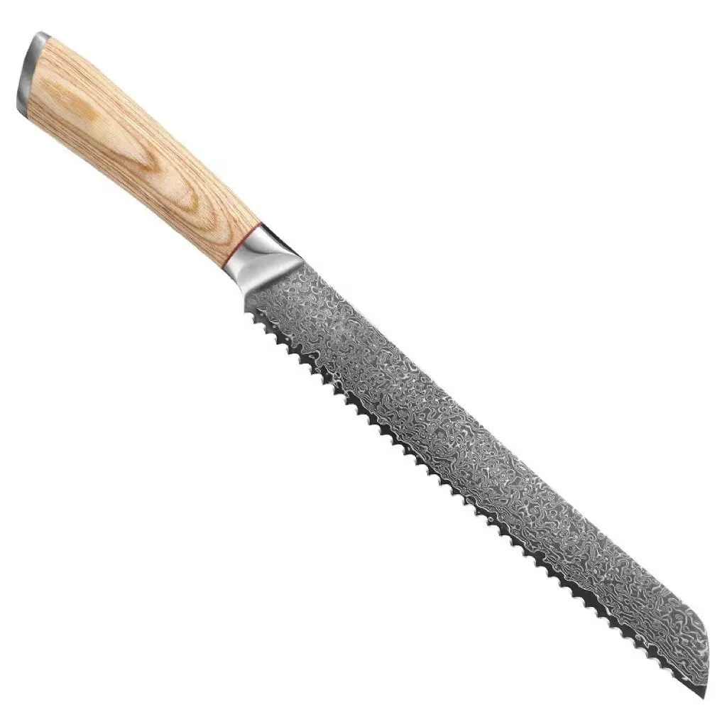 V gold Damascus kitchen knife set with 67-layer steel construction showing distinctive patterning on multiple blade sizes