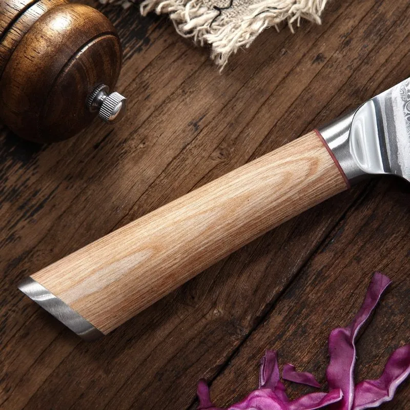 V gold Damascus kitchen knife set with 67-layer steel construction showing distinctive patterning on multiple blade sizes