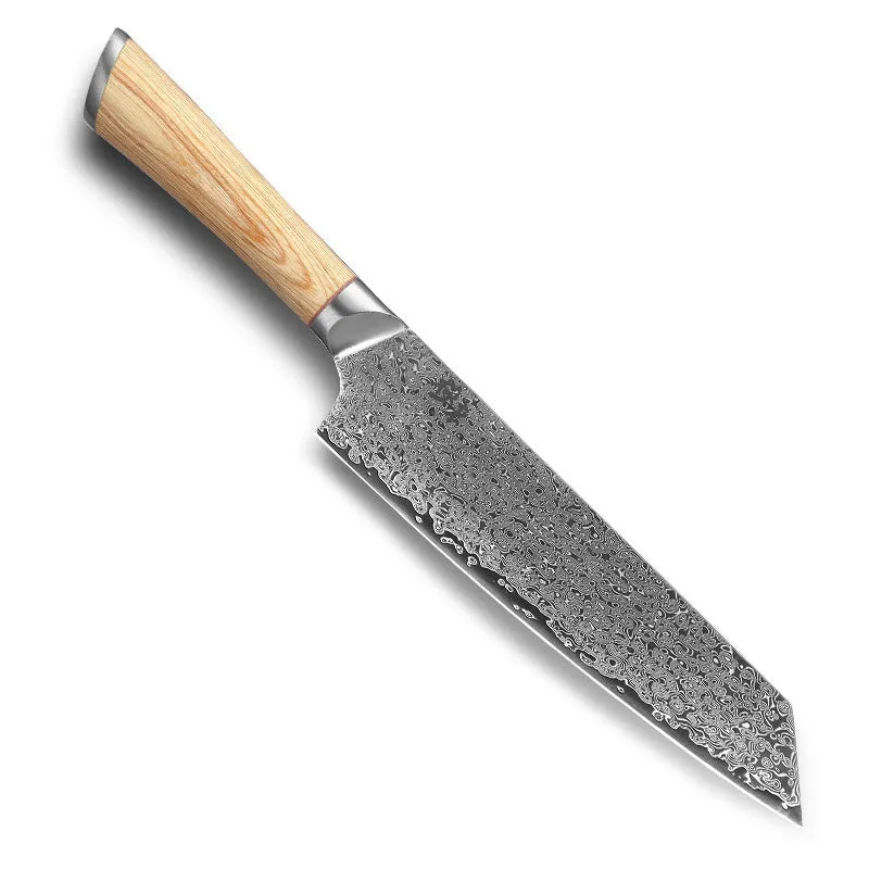 V gold Damascus kitchen knife set with 67-layer steel construction showing distinctive patterning on multiple blade sizes