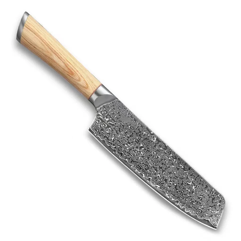 V gold Damascus kitchen knife set with 67-layer steel construction showing distinctive patterning on multiple blade sizes