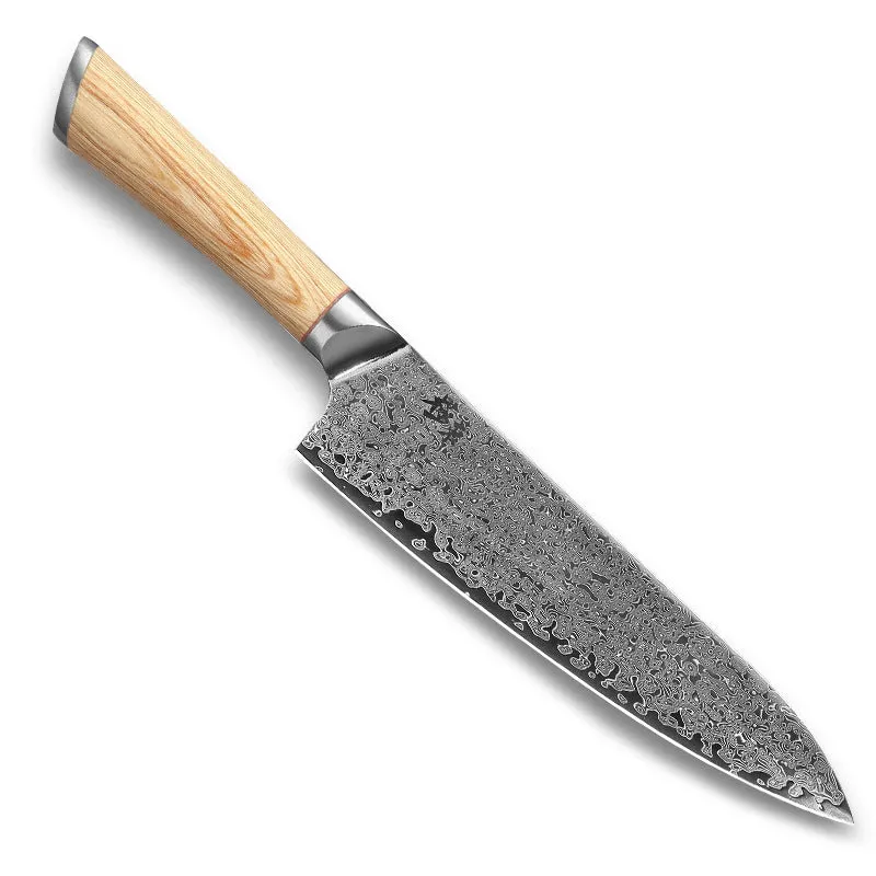 V gold Damascus kitchen knife set with 67-layer steel construction showing distinctive patterning on multiple blade sizes