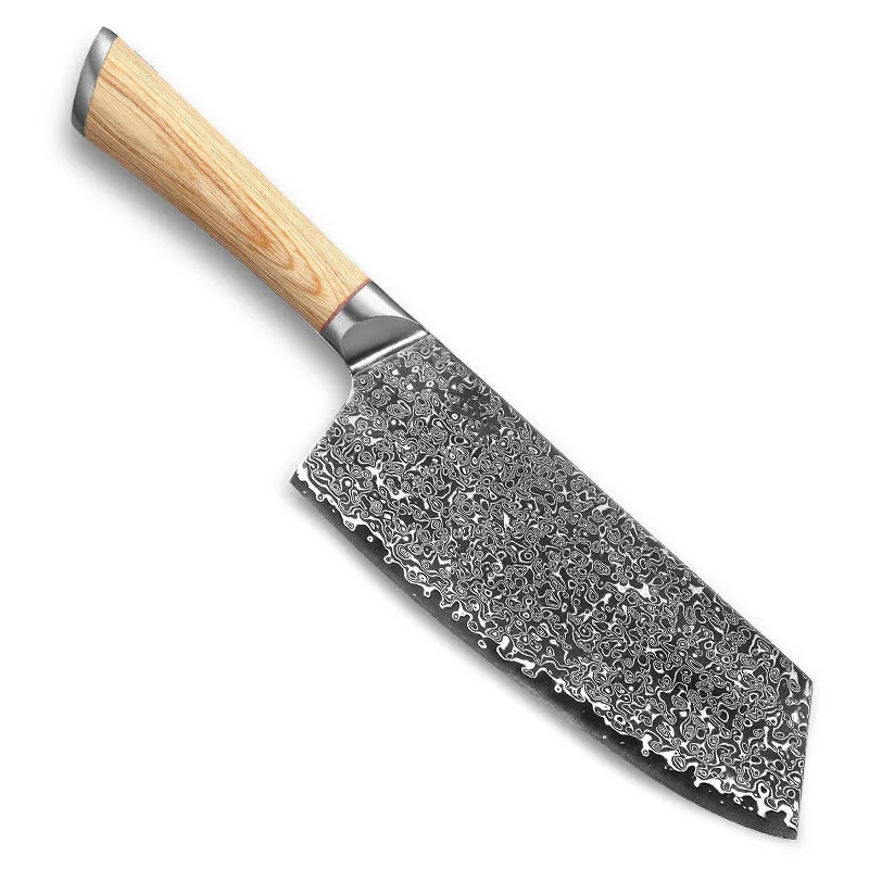 V gold Damascus kitchen knife set with 67-layer steel construction showing distinctive patterning on multiple blade sizes