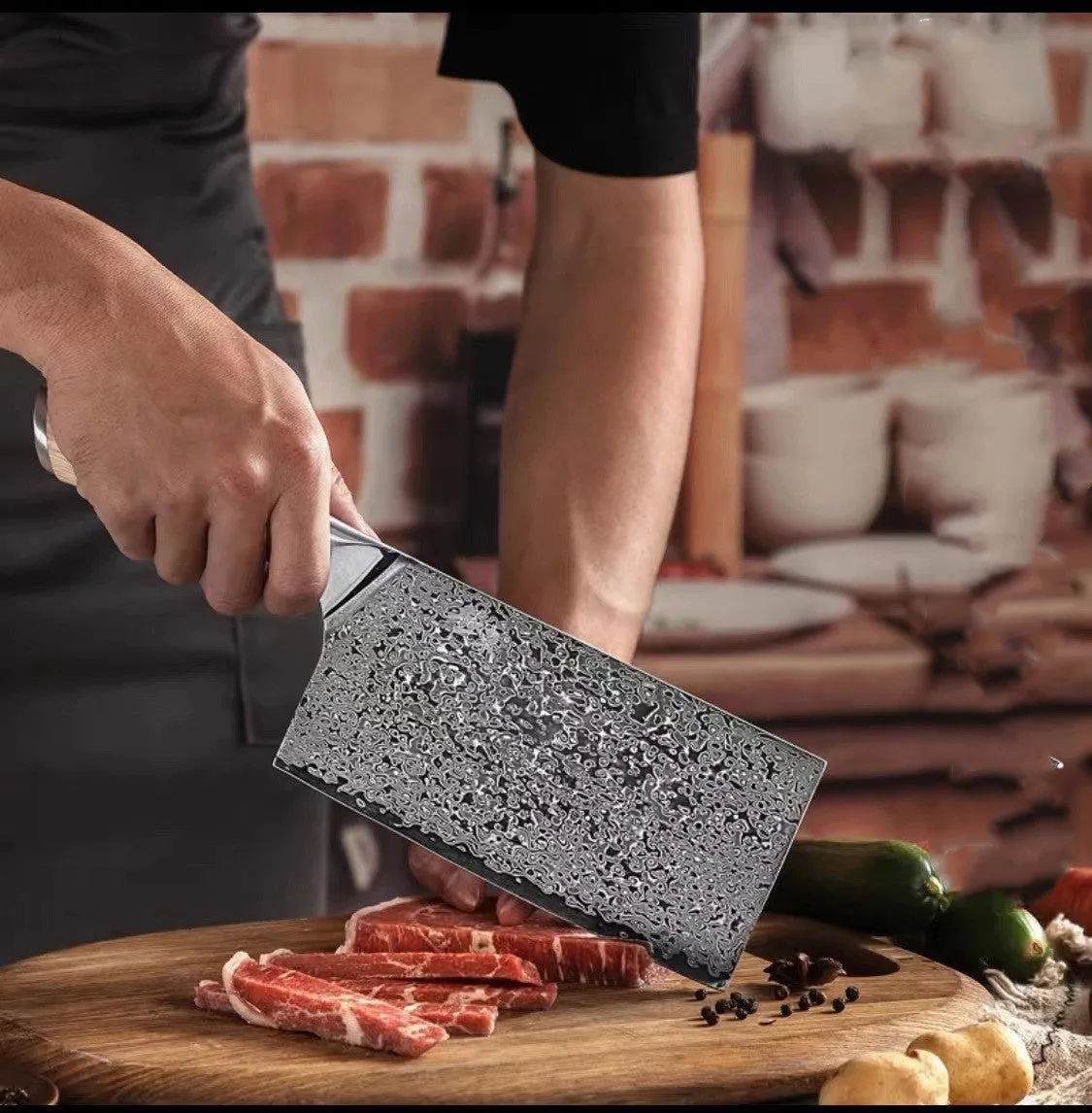 V gold Damascus kitchen knife set with 67-layer steel construction showing distinctive patterning on multiple blade sizes
