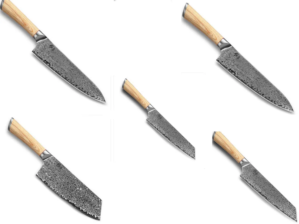 V gold Damascus kitchen knife set with 67-layer steel construction showing distinctive patterning on multiple blade sizes