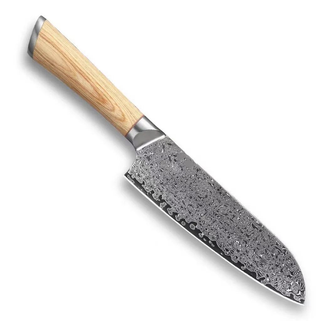 V gold Damascus kitchen knife set with 67-layer steel construction showing distinctive patterning on multiple blade sizes