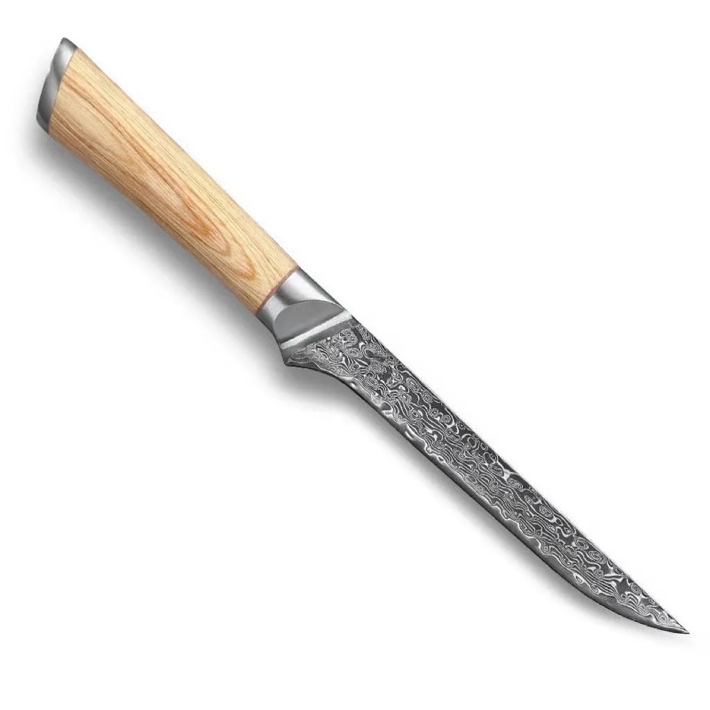 V gold Damascus kitchen knife set with 67-layer steel construction showing distinctive patterning on multiple blade sizes