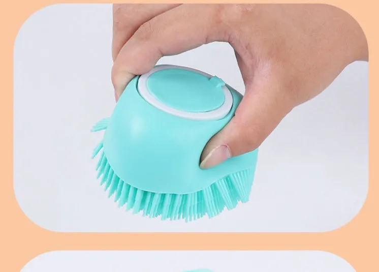 Blue silicone dog bath brush with soft bristles for washing and massage
