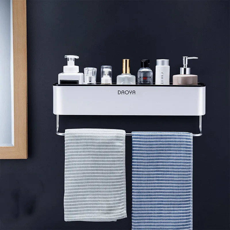 Plastic bathroom wall shelf with hole-free installation, shown holding shampoo and shower gel bottles.
