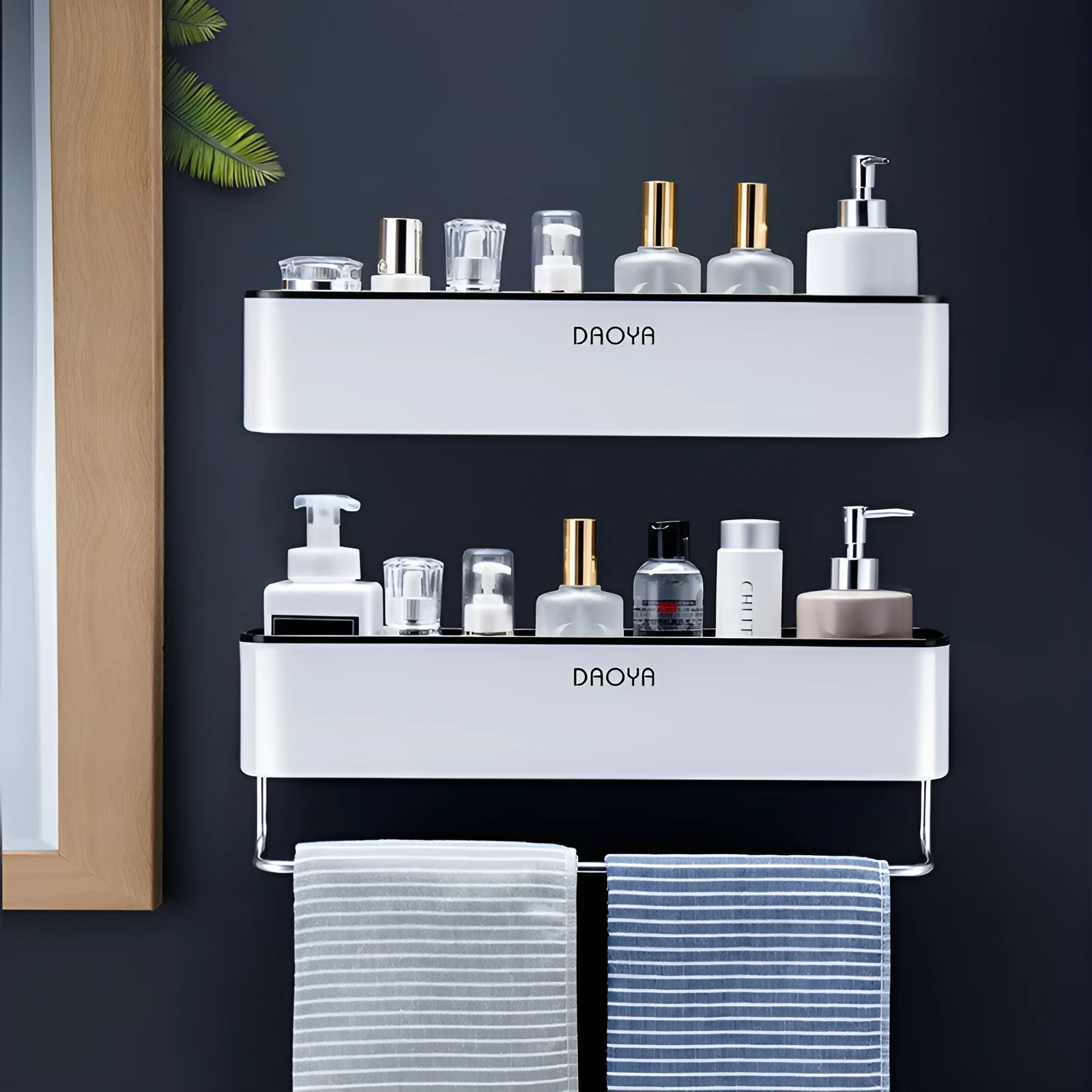 Plastic bathroom wall shelf with hole-free installation, shown holding shampoo and shower gel bottles.