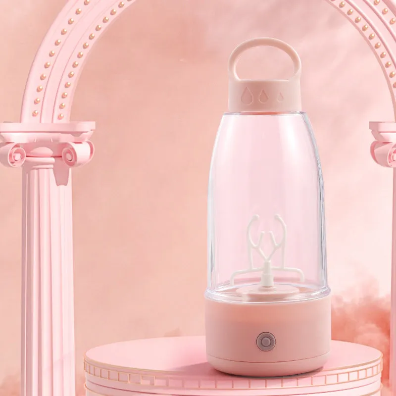 Automatic electric shaker bottle with USB charging port and handle in green, pink or white.