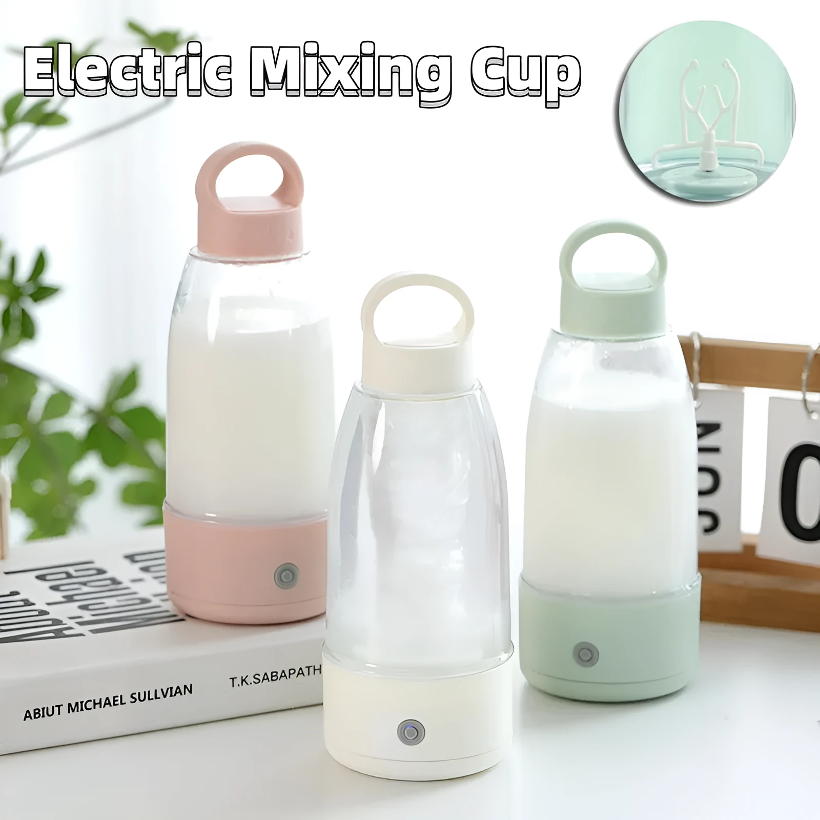 Automatic electric shaker bottle with USB charging port and handle in green, pink or white.
