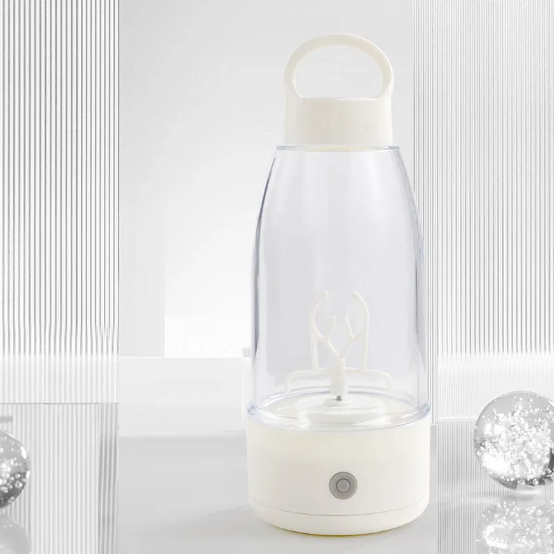 Automatic electric shaker bottle with USB charging port and handle in green, pink or white.