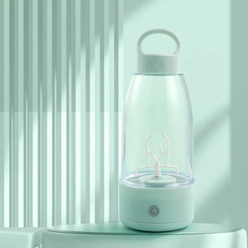 Automatic electric shaker bottle with USB charging port and handle in green, pink or white.