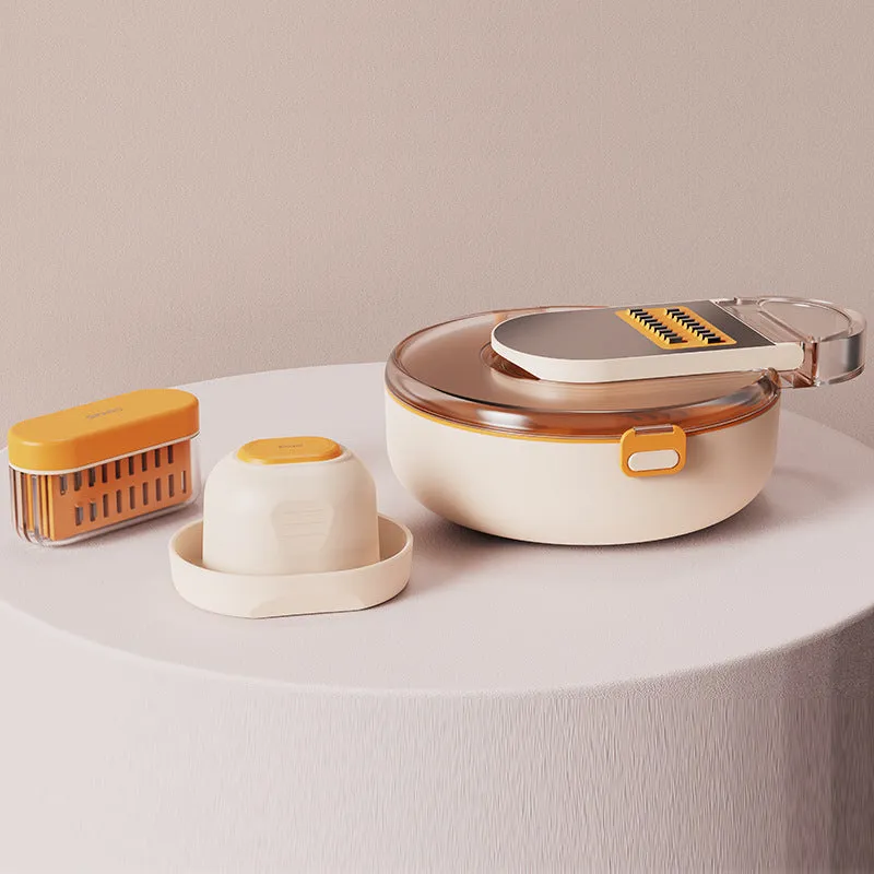 Multifunctional vegetable cutter set with 8 knives, storage box, and hand protector in grey or white