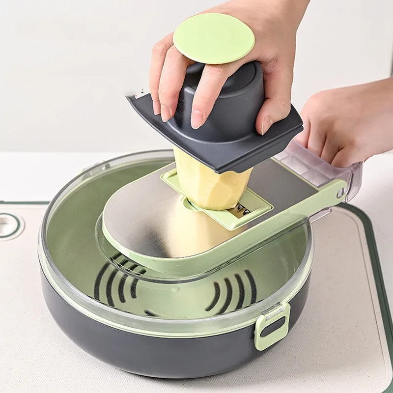 Multifunctional vegetable cutter set with 8 knives, storage box, and hand protector in grey or white