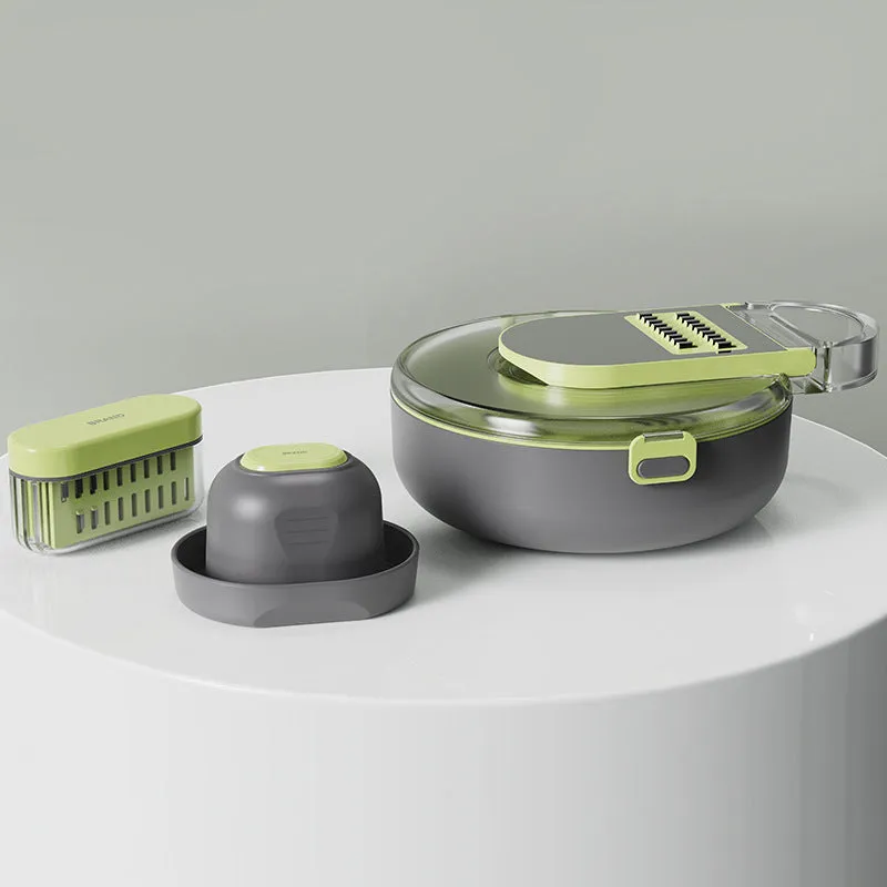 Multifunctional vegetable cutter set with 8 knives, storage box, and hand protector in grey or white