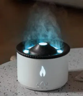 Round two-colour spray ring volcano humidifier with LED lights on a surface