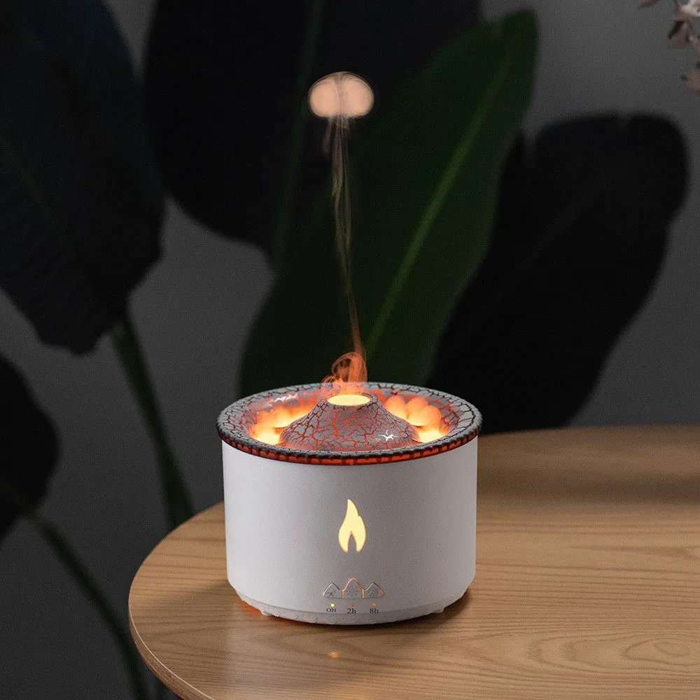 Round two-colour spray ring volcano humidifier with LED lights on a surface