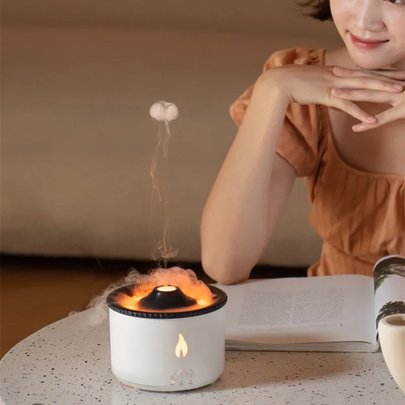 Round two-colour spray ring volcano humidifier with LED lights on a surface