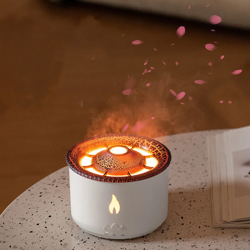 Round two-colour spray ring volcano humidifier with LED lights on a surface