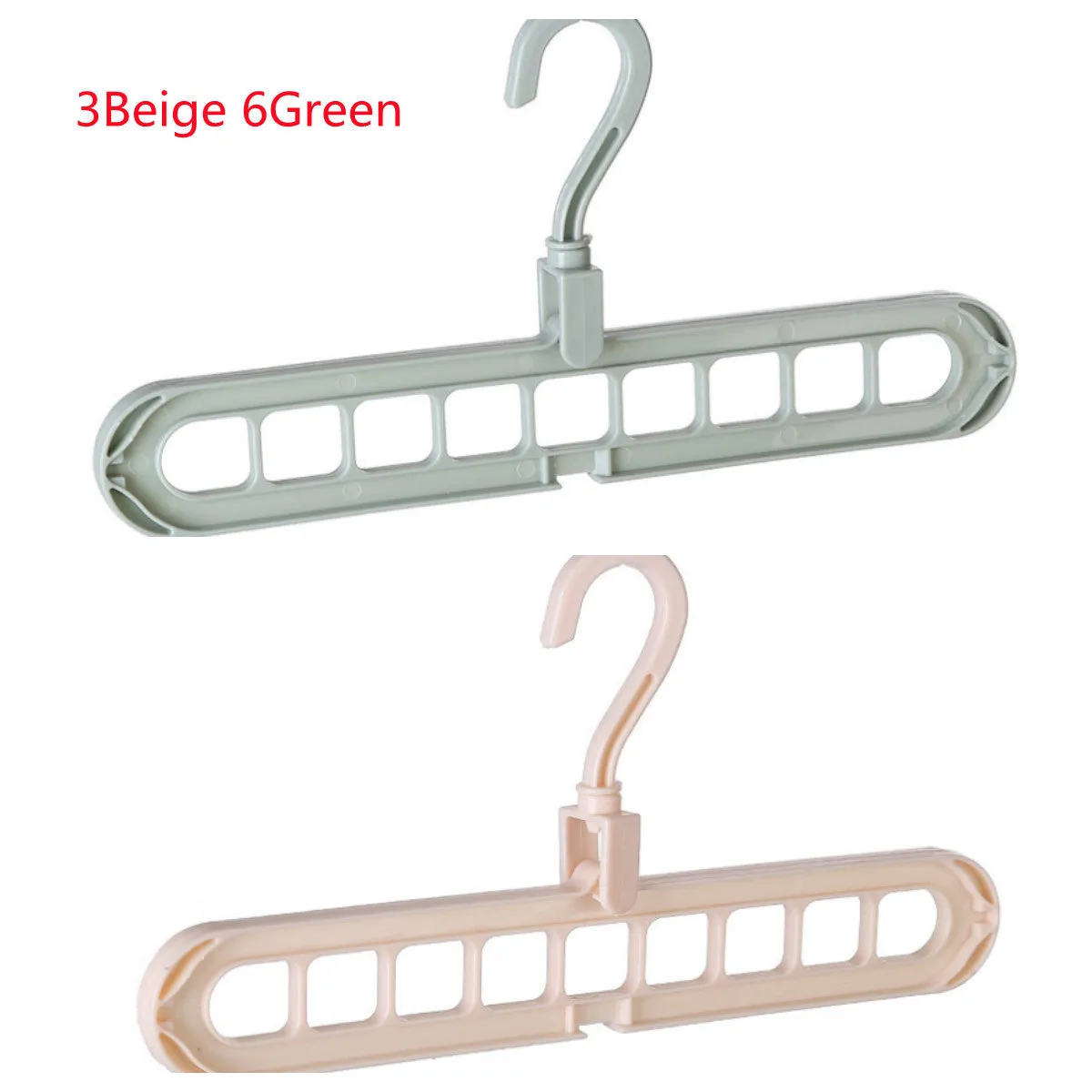 Plastic clothes hanger with a white hook on a pink background, showing its 33 cm length and rotatable handle.
