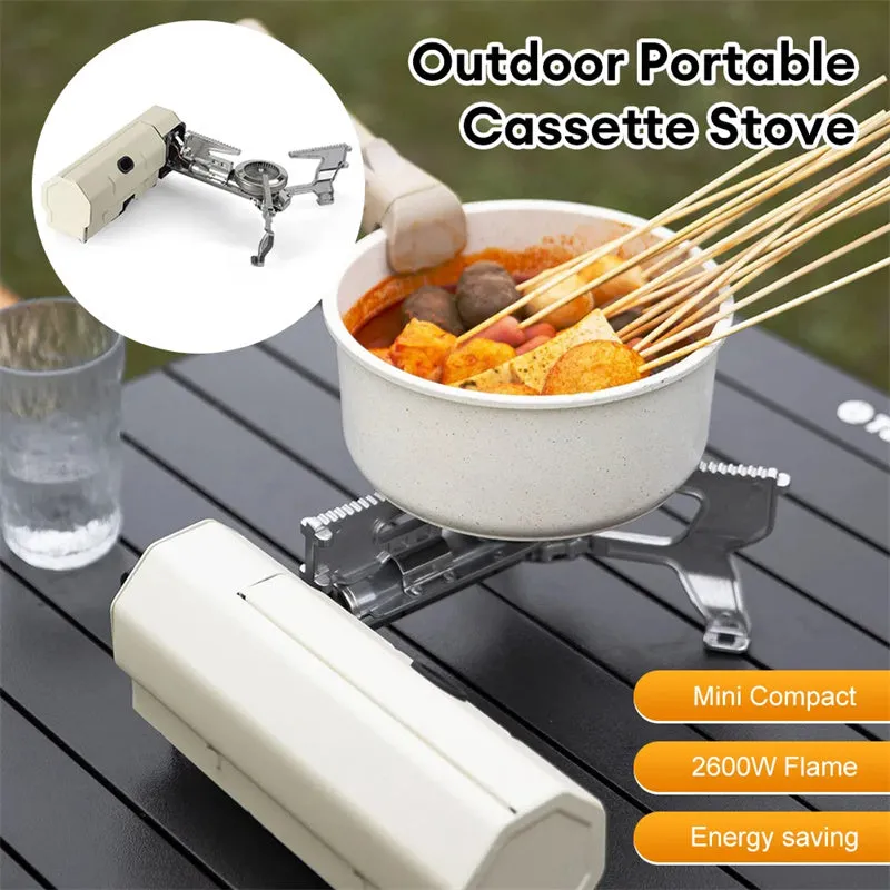 Portable folding camping gas stove 25 x 11 x 8 cm with adjustable control valve and anti-slip feet