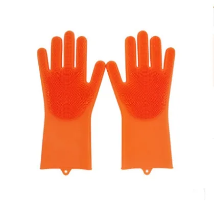 Blue silicone cleaning gloves with a textured sponge palm design for scrubbing.