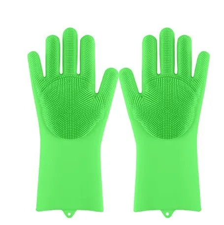 Blue silicone cleaning gloves with a textured sponge palm design for scrubbing.
