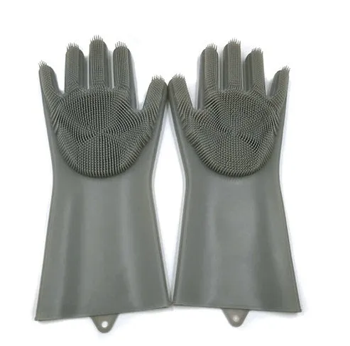 Blue silicone cleaning gloves with a textured sponge palm design for scrubbing.