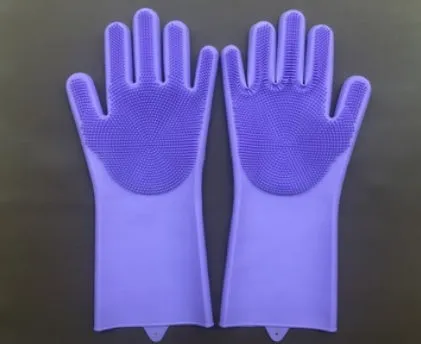 Blue silicone cleaning gloves with a textured sponge palm design for scrubbing.