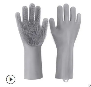 Blue silicone cleaning gloves with a textured sponge palm design for scrubbing.