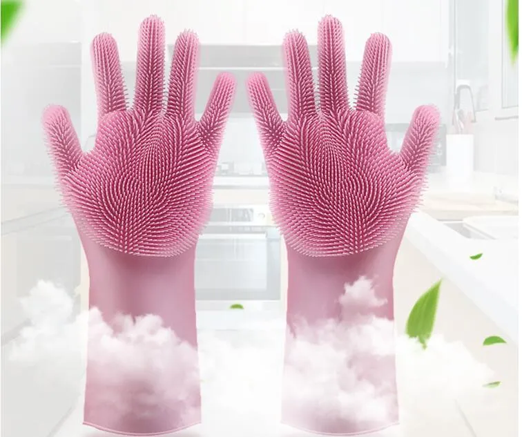 Blue silicone cleaning gloves with a textured sponge palm design for scrubbing.